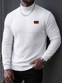EGENSIO Men's Knitted Jacquard Solid Color Textured Collar Cuff Hem Ribbed High Neck Pullover Sweatshirt - White - View 3