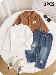 SHEIN 3 pezzi/Set Outfit casual autunno/inverno per neonato maschio, include maglietta interna, camicia bianca a collo medio e jeans in denim, set camicia, set giacca, set denim, outfit autunno/inverno per neonato - Multicolore - Visualizzare 3