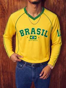 Manfinity Campus Court American Vintage Brazil Team Badge & Letter Print Jersey Top, Street Casual V-Neck Long Sleeve Shirt, Men's & Women's Graphic T-Shirt, Men's Autumn/Winter Fashion Travel Sports Shirt, Football, Football Supplies - Multicolor - View 3