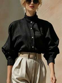 SHEIN Women's Solid Color Single-Breasted Casual Versatile Daily Wear Shirt - Black - View 5