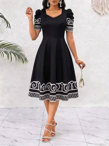 SHEIN Lady Women's Geometric Print Sweetheart Neckline Short Petal Sleeve Elegant Vintage 70s Retro Dress Wedding Party Night Bar Dinner Black And White Summer - Black and White - View 4