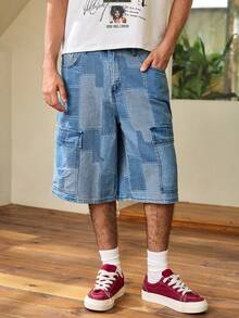 1pc Men's Vintage Washed Jacquard Patchwork Denim Cargo Shorts, Casual Street Style Denim Shorts - Blue - View 4