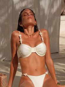 Swim Chiccia Simple Glossy Fabric Underwired Push-Up Adjustable Strap Tie-Side Backless Top And Thong Bikini Set, Beach Vacation Swimsuit For Summer - Multicolor - View 4