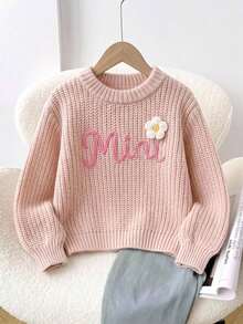 SHEIN Baby Girl Knit Solid Color Letter Pattern 3D Floral Casual Cute Baby Fairy Sweater Family Matching Photoshoot Pastel Pink Autumn - Beige - View 3