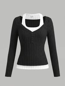 SHEIN Girlism 青少年女孩拼色 2-In-1 設計 T-shirt，修身版型，休閒風格，黑色層次長袖上衣，冬季，Y2K，街頭風 - 黑色 - 查看 5