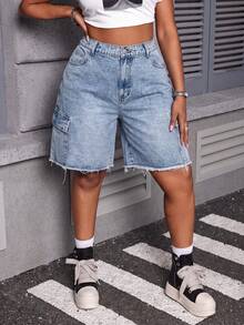 Slaydiva Plus Size Women's Casual Denim Shorts With Pockets, Buttons And Frayed Hem For Daily Wear Jorts Jean Shorts - Light Wash - View 3