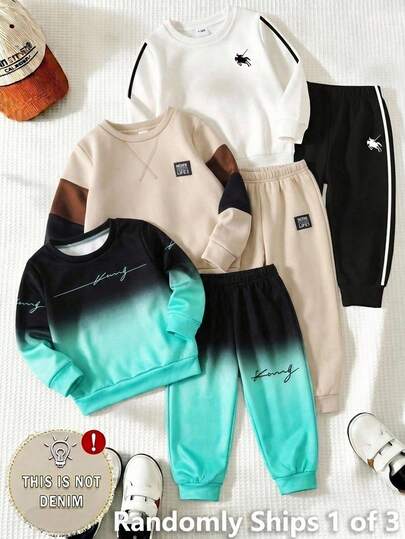 SHEIN 2pcs/Set Yong Boys Cute Casual Daily Comfortable Street Style Graphic Print Crew Neck Sweatshirt And Knitted Cuffed Pants Set, Suitable For Outings, Daily Gatherings, Autumn/Winter
