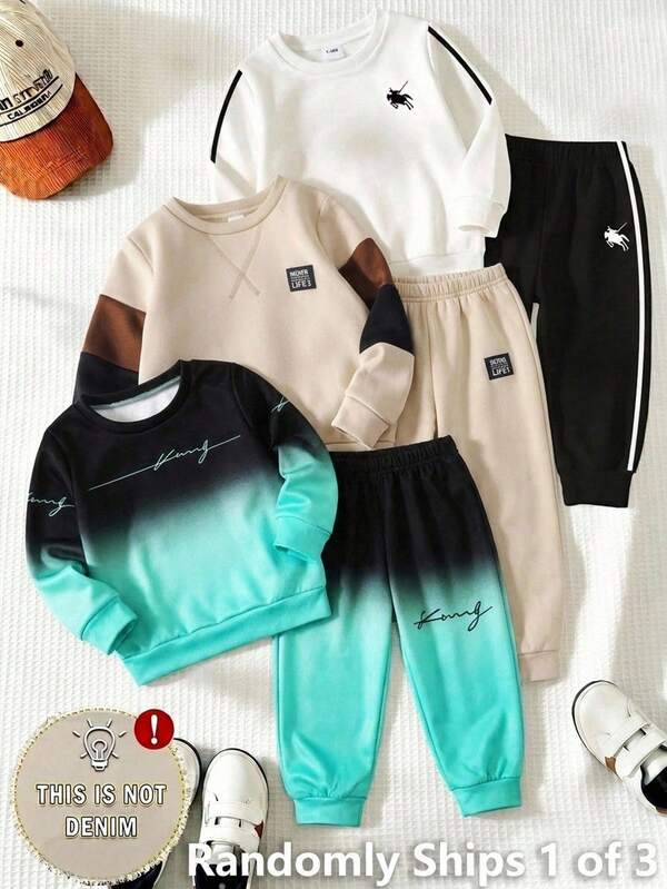 SHEIN 2pcs/Set Yong Boys Cute Casual Daily Comfortable Green Gradient Street Style Graphic Print Crew Neck Sweatshirt & Knitted Jogger Pants Set, Suitable For Outings, Daily Gatherings, Autumn/Winter, Kids