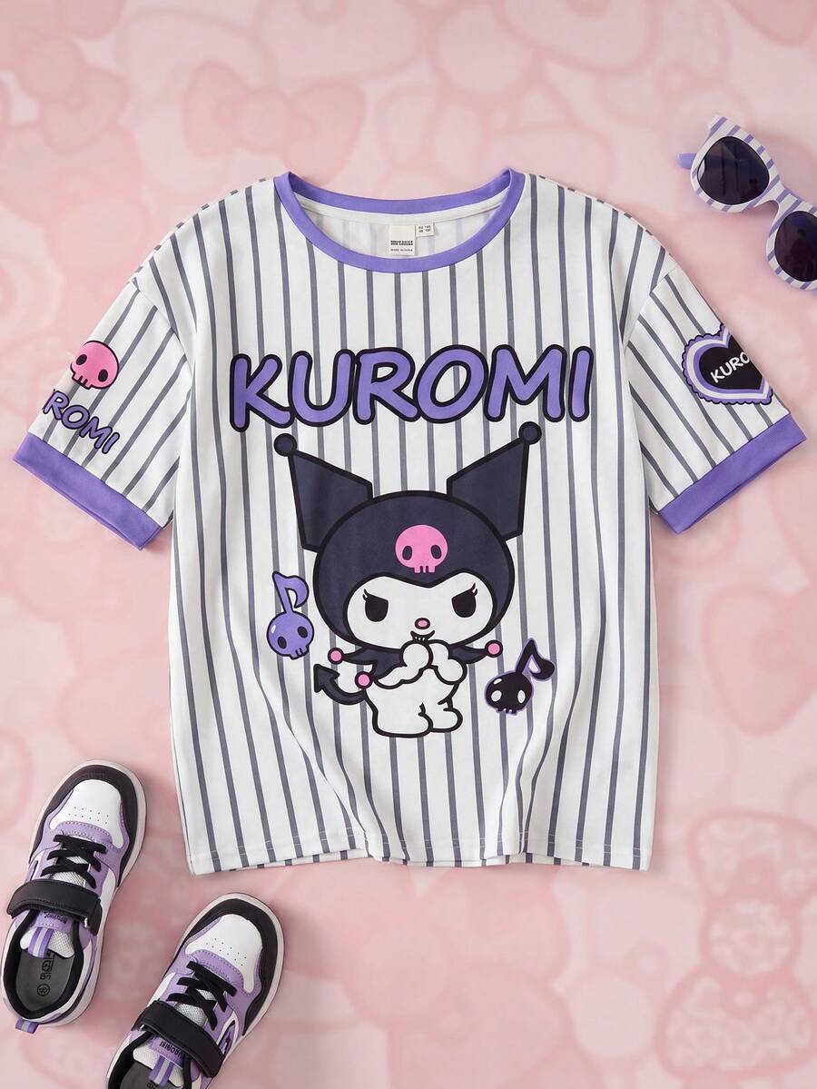 HELLO KITTY AND FRIENDS | SHEIN 青少年女孩可愛卡通與條紋圖案寬鬆落肩針織休閒T恤 可愛女孩上衣 青少年女孩動漫襯衫 卡哇伊襯衫 - 白色 - 查看 1