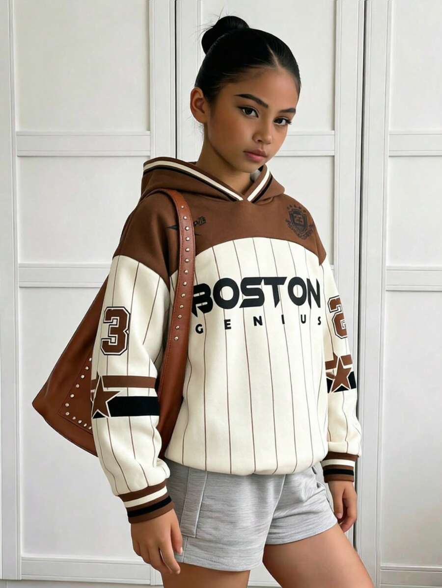 (1件) 女孩清新時尚休閒極簡波士頓米棕色垂直條紋拼接圖案基礎款運動衫 - 彩色 - 查看 1