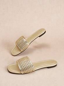 Rosivie Women's Gold Square Toe Woven Decoration Commuter Workplace Versatile Flat Sandals Comfortable And Casual One Pedal - Golden PU - View 6