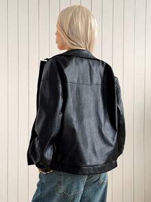 SHEIN EZwear Fashionable Versatile Black Frog Button PU Leather Jacket - Black - View 2