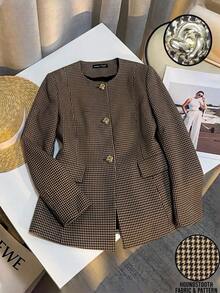 Trelyra Round Neck Solid Color Metal Button Decor Hem Patchwork Commuter Blazer - Multicolor - View 2