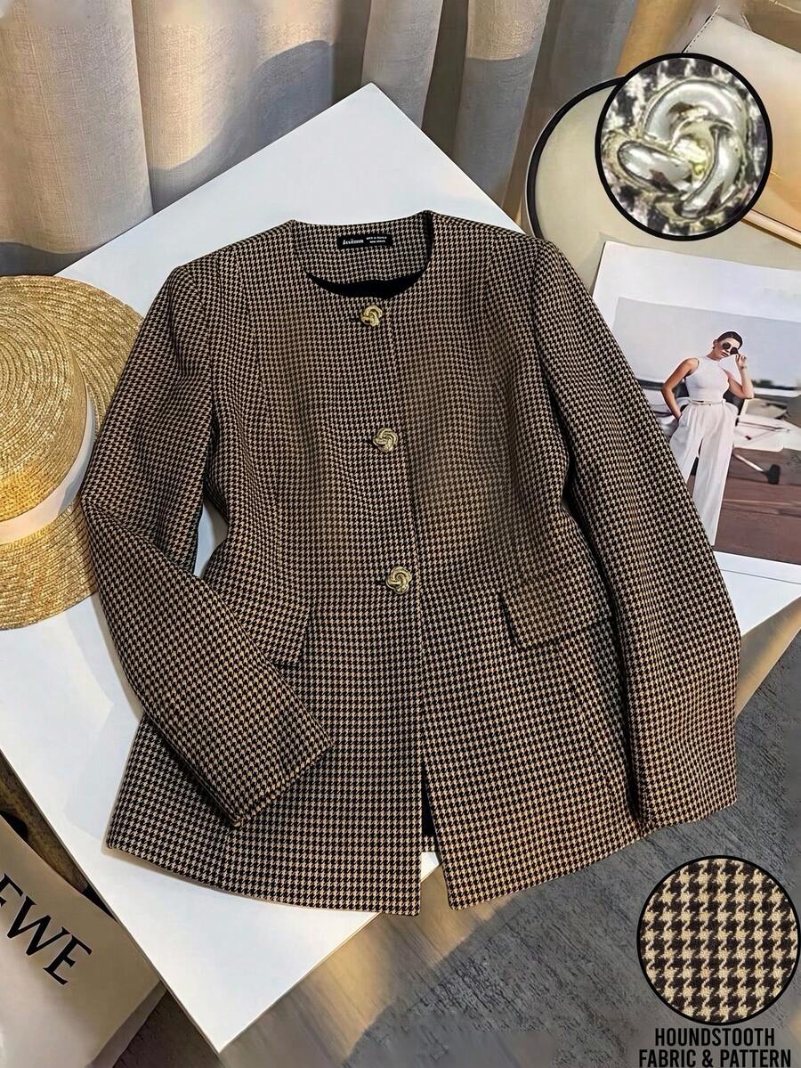 Trelyra Round Neck Solid Color Metal Button Decor Hem Patchwork Commuter Blazer - Multicolor - View 1