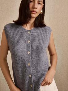 lacRébo Blue Sleeveless Fluffy Knitted Loose Fit Cardigan, Pearl Buttons Details - Blue - View 5