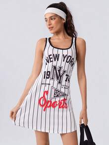 Loungeista Women's Striped Letter Print American Style Cool Tank Top Nightgown, All-Season Loungewear - White - View 1