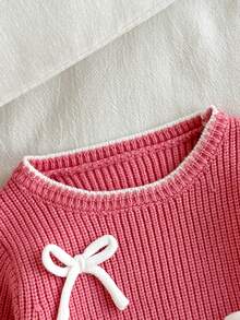 SHEIN 女嬰粉色刺繡蝴蝶結針織毛衣，精緻可愛套頭上衣，柔軟秋冬款，聖誕萬聖節幼兒日常旅行穿搭 - 藕粉色 - 查看 3