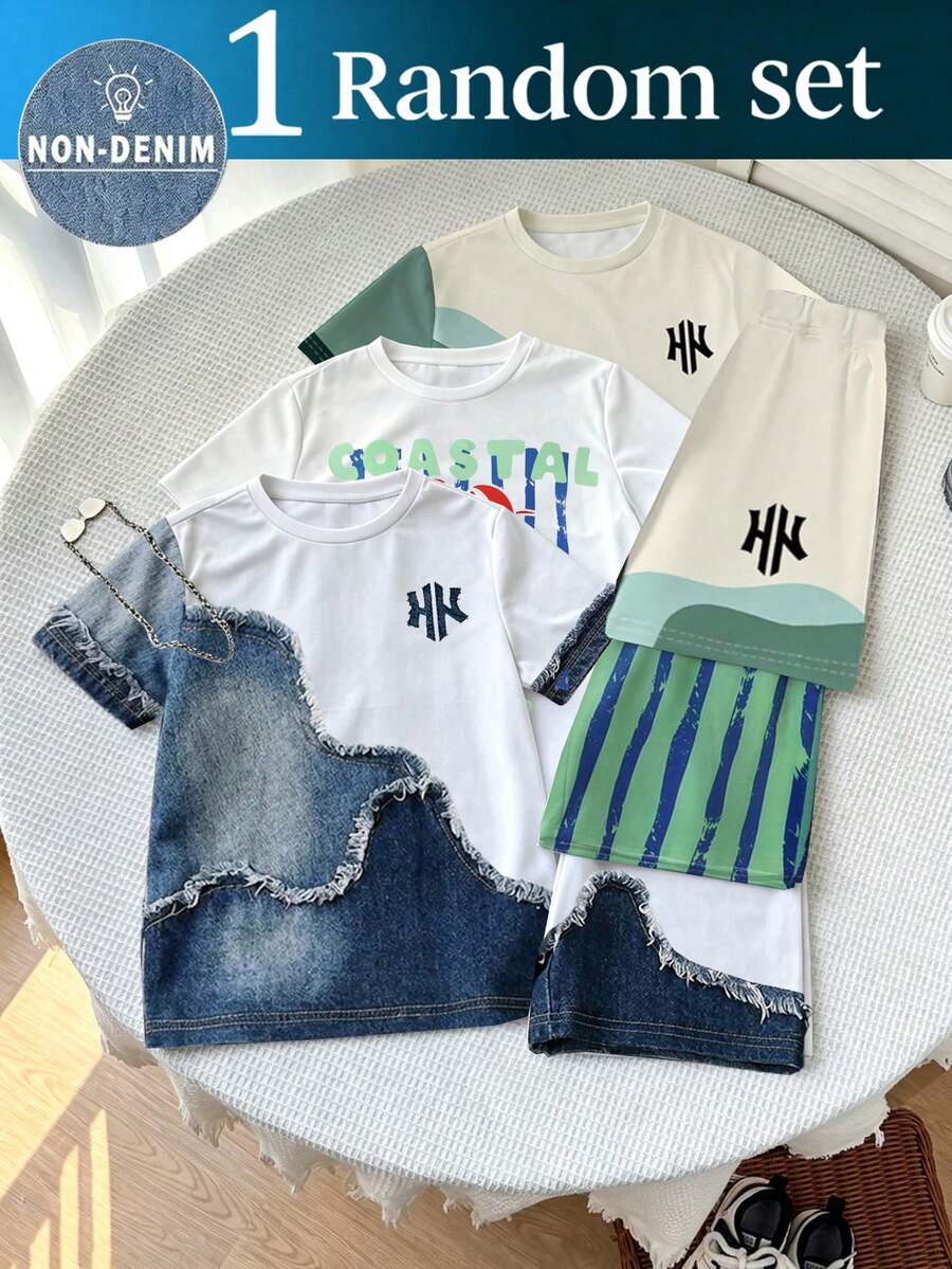 SHEIN 隨機發貨 1/3 款,對比色多巴胺綠印花拼接設計短袖上衣與短褲套裝,休閒時尚風,趣味圖案,適合日常戶外運動、家庭與校園穿著 - 彩色 - 查看 1