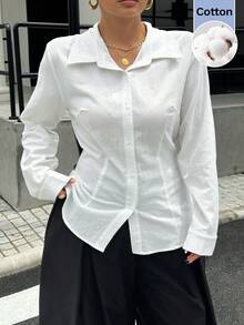 Muchica 大尺碼女款休閒 90 年代 1960 年代優雅百搭日常辦公正式出遊襯衫，翻領設計，教師節主題，白色滿版，秋季 - 白色 - 查看 3