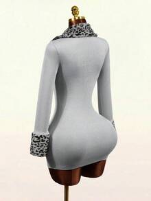 Mistrie Women's Grey Leopard Print Plush Patchwork Ribbed Long Sleeve Short Dress Club Night Out Autumn Sexy - Grey - View 3