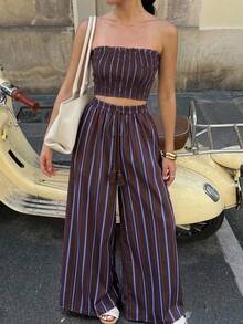 Serisse Women's Vacation Casual Tropical Boho Brown Striped Bandeau Top And Wide Leg Pants 2 Pieces Set Beach Summer - Brown - View 5