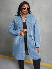 SHEIN EMERY ROSE CURVE Plus Size Casual Drawstring Waist Denim Jacket, Autumn - Light Wash - View 5