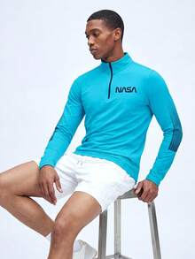 Nelvento Soul Manfinity Fitness 男士字母圖案 1/4 拉鍊運動夾克 健身上衣 開學季運動上衣 秋季透氣運動夾克，輕量，健身房 - 水鴨藍 - 查看 6