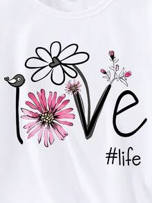 (Random Patterns,Randomly Ships 1 Of 3) Girls' Fashion Creative Pastel Floral Hollow Heart Leopard Print Fun Letter Pattern Basic Short Sleeve T-Shirt - Multicolor - View 7