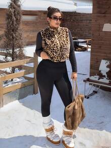 SHEIN EZwear 大码女式简约日常无袖豹纹背心夹克，冬季 - 彩色 - 查看 11
