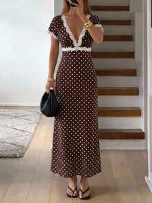 Aloruh Women's Autumn/Winter Polka Dot Print Lace Patchwork Extra Long A-Line Dress - Brown - View 10