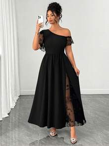Elenzga Women's Plus Size Spring Summer Autumn Black Long Dress, 3D Floral Mesh Patchwork Knit Fabric, Asymmetrical Shoulder Short Sleeve, Cinched Waist, A-Line, Elegant Casual For Daily Wear, Home, Office, Beach, Vacation, Holiday, Romantic Gathering, Date, Wedding Guest, Party - Multicolor - View 6