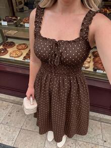 SHEIN MOD 大尺碼女款波點蝴蝶結抓皺洋裝，優雅仙女風 80s 90s，派對生日婚禮賓客，度假穿搭，夏季 - 棕色 - 查看 3