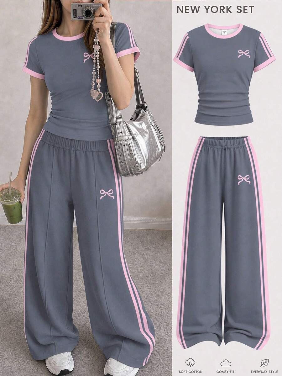 Tween Girls Shades Of Blue Summer Casual School Back-To-School 2-Piece Set,Mini Bow Pattern Contrast Stripe Retro Ballet Sports T-Shirt & Loose Pants - Multicolor - View 1
