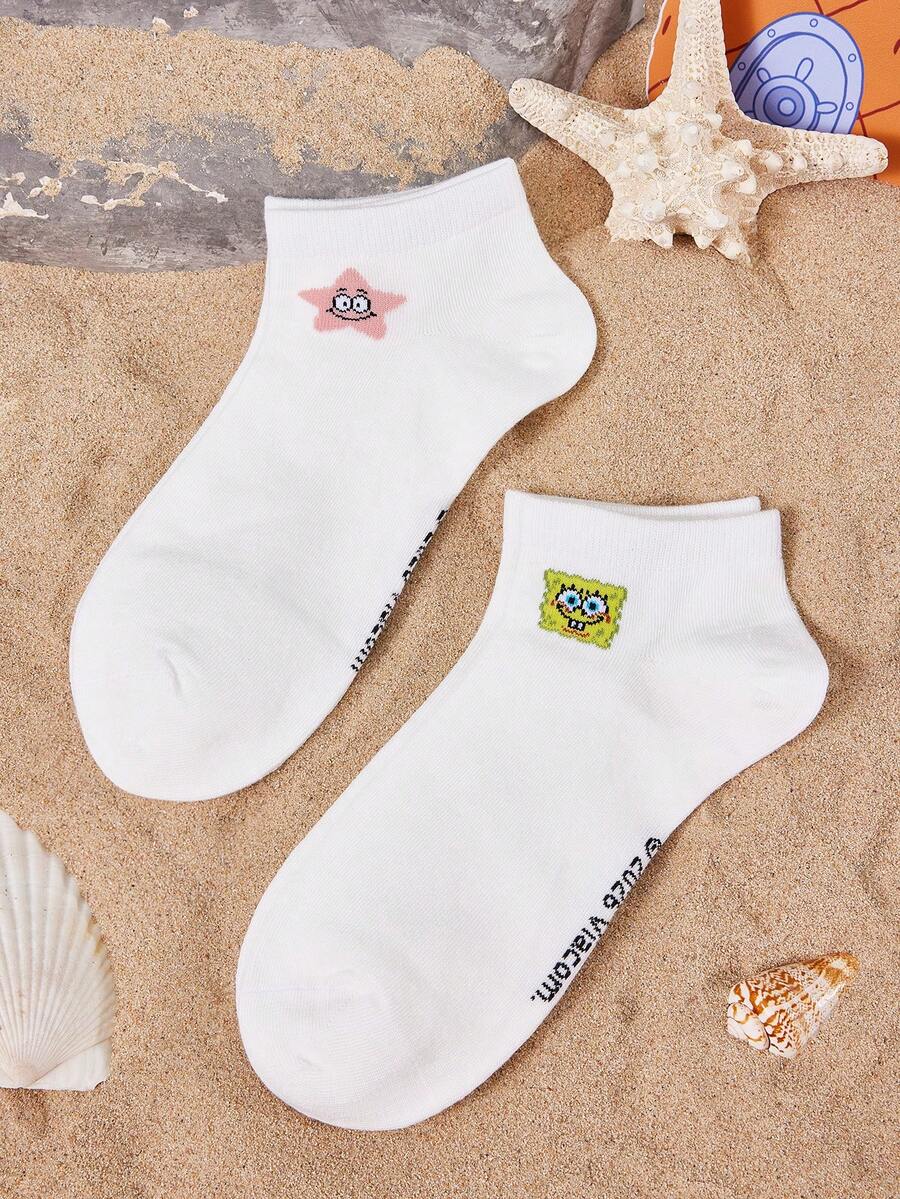 SpongeBob SquarePants | SHEIN 2雙女款可愛卡通圖案短襪 - 白色 - 查看 1