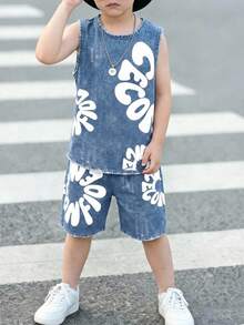 Young Boy Casual Minimalist Short Sleeve 2 Pieces Set Suitable For Spring/Summer With Cartoon Pattern - Multicolor - View 3