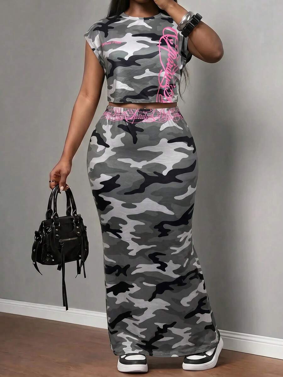 Slaydiva New Summer/Fall Plus Size Women's Sleeveless Cropped Top + Skirt 2pcs
/Y2K/Streetwear/Back To School/Going Out/Club/Concert/Party/Chic/Night Out/Camo - Army Green - View 1