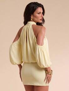 Bluhae Women's Gentle French Style Cold Shoulder Ruched Halter Neck Dress - Yellow - View 2