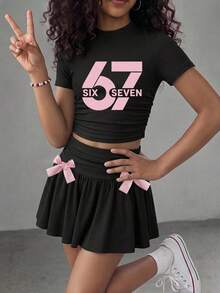 SHEIN 兒童青少年女孩時尚休閒街頭風修身短袖字母印花T恤與蝴蝶結裝飾裙褲兩件套 - 黑色 - 查看 3