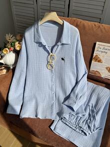 Comfortcana 大尺碼女款馬術印花單排扣上衣長褲休閒套裝，傳統正式度假風，秋季淺藍色粉藍色 - 淺藍色 - 查看 5