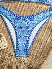 Swim Mod 2pcs/Set Women's Beach Bikini Set, Random Colorful Ocean Element & Shell Strap, Geometric Contrast Trim Design - Multicolor - View 7