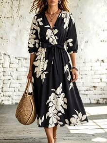 Rometta Plus Size Solid Color Print Cross Neck Short Sleeve Flowy Dress Wedding Day Wedding Guest Fall - Black and White - View 1