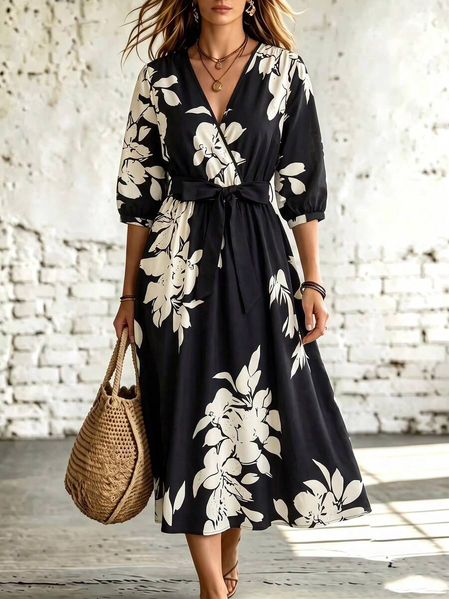 Rometta Plus Size Solid Color Print Cross Neck Short Sleeve Flowy Dress Wedding Day Wedding Guest Fall - Black and White - View 1