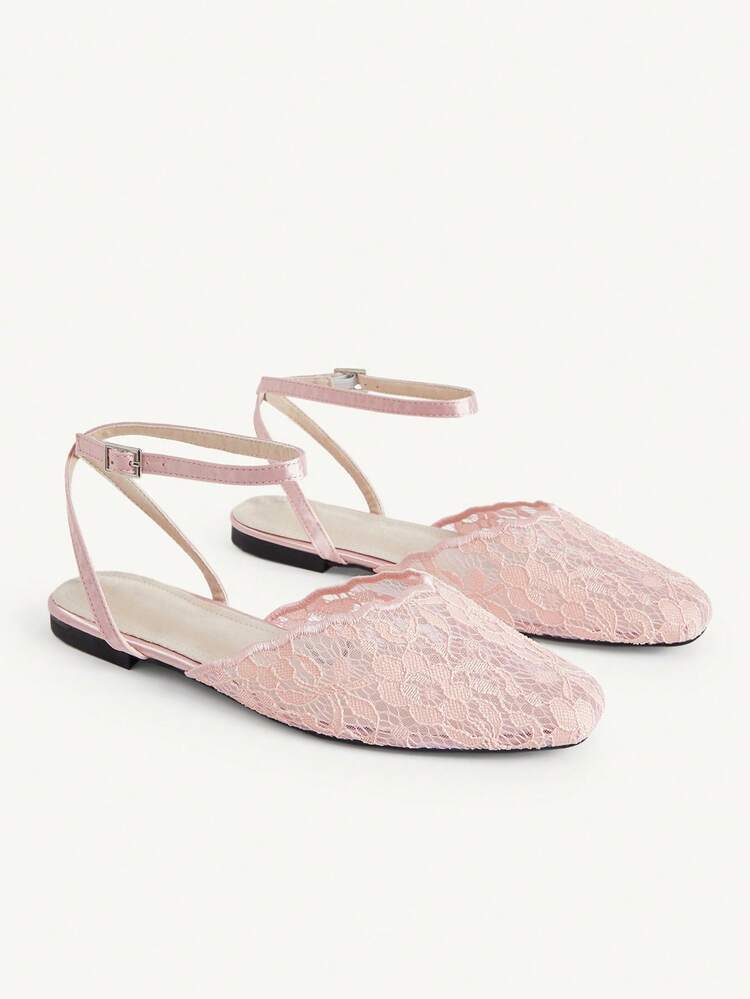CUCCOO CHICEST Sepatu Flat Wanita Berenda Ujung Persegi dengan Gesper yang Dapat Diatur, Sol Lembut dan Ramping di Pergelangan Kaki, Cocok untuk Kencan dan Liburan. - Berwarna merah muda - View 1
