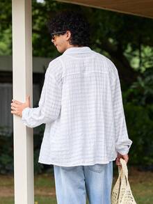 Whitmere Men's Hollow-Out Fabric Single-Breasted Casual Long Sleeve Shirt, Spring/Summer - White - View 2