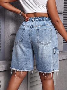 Slaydiva Plus Size Women's Casual Denim Shorts With Pockets, Buttons And Frayed Hem For Daily Wear Jorts Jean Shorts - Light Wash - View 7