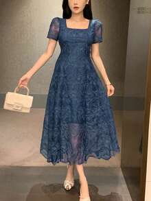 DAZY 女士纯色方领夏季优雅收腰连衣裙，生日、新年、舞会礼服、正式女士连衣裙、鸡尾酒会礼服 - 水鴨藍 - 查看 7