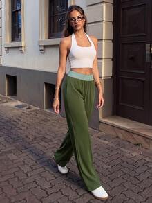 Pariaura Women's Waist Patchwork Olive Green Loose Straight Leg Sports Athleisure Modest Pants Formal Workout Summer - Green - View 5