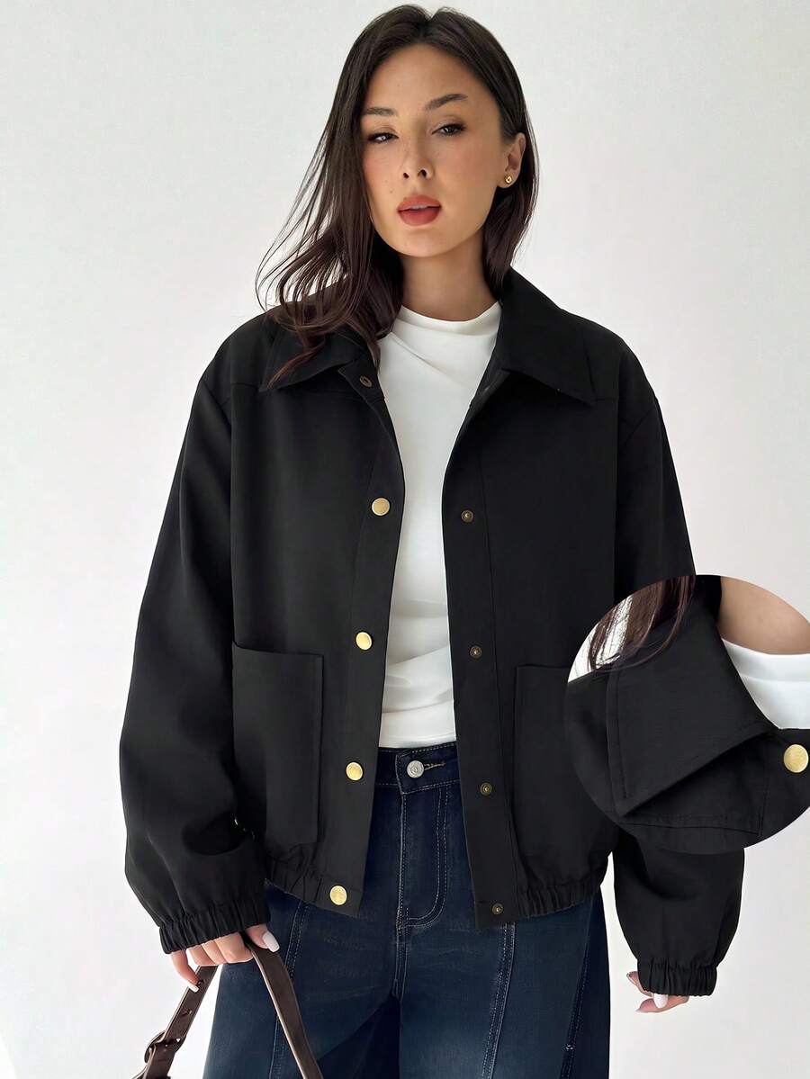 Aloruh 女款時尚單排扣長袖口袋夾克街頭風 - 黑色 - 查看 1