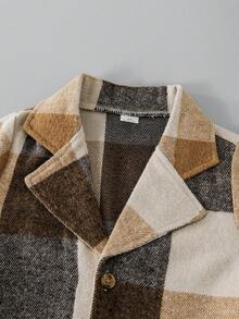 SHEIN 男孩 (小號) 羊毛格紋大衣，保暖舒適，適合 5-15°C - 棕色 - 查看 3