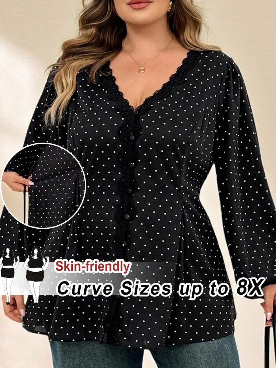 SHEIN CURVE+ 大尺碼圓點印花V領長袖襯衫 - 黑與白 - 查看 1